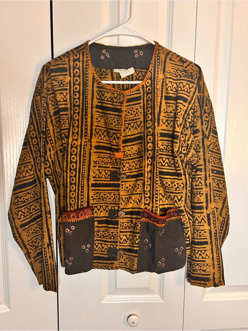 Marketplace Handmade in India Yellow Black Patterned Button-Front Jacket Cotton